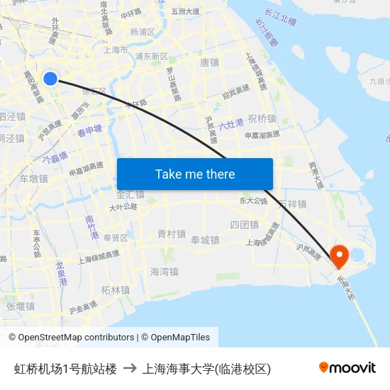 虹桥机场1号航站楼 to 上海海事大学(临港校区) map