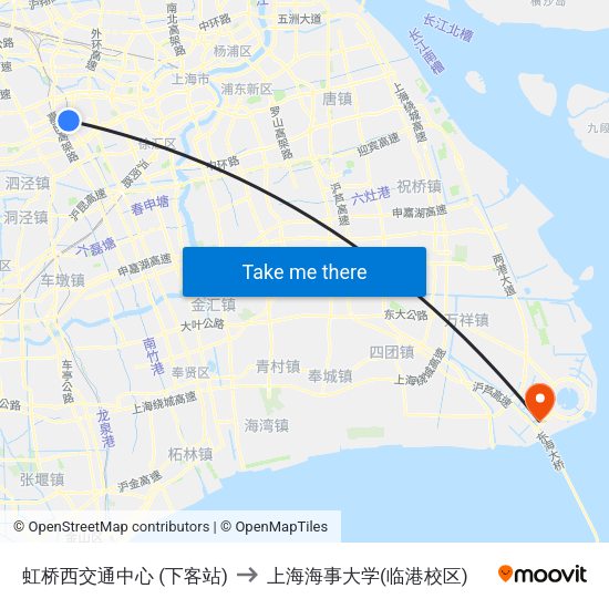 虹桥西交通中心 (下客站) to 上海海事大学(临港校区) map