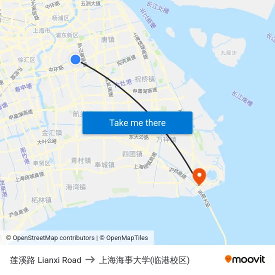 莲溪路 Lianxi Road to 上海海事大学(临港校区) map