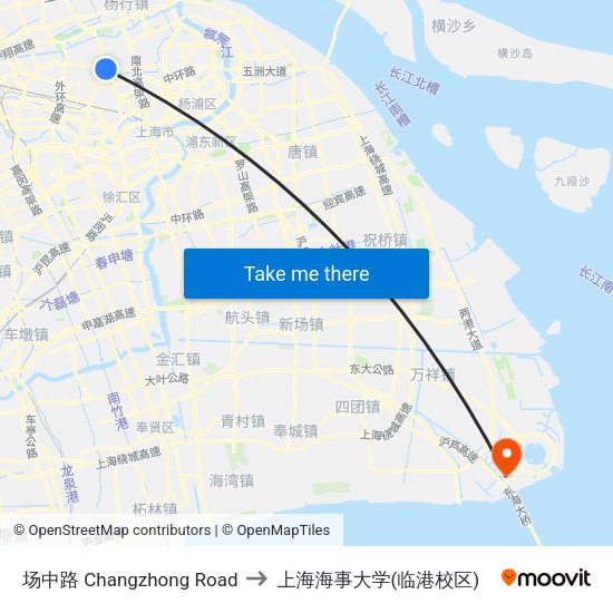 场中路 Changzhong Road to 上海海事大学(临港校区) map