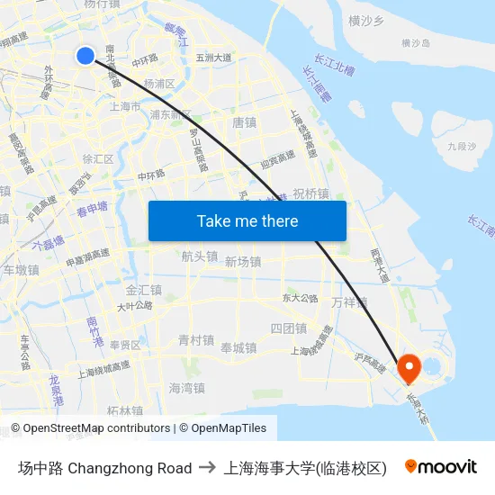 场中路 Changzhong Road to 上海海事大学(临港校区) map