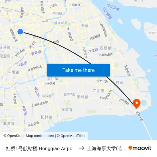 虹桥1号航站楼 Hongqiao Airport Terminal 1 to 上海海事大学(临港校区) map