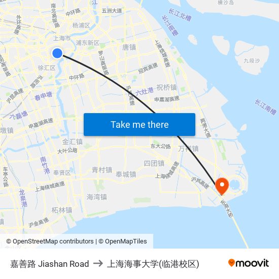嘉善路 Jiashan Road to 上海海事大学(临港校区) map