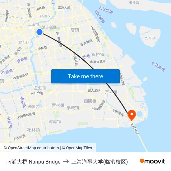 南浦大桥 Nanpu Bridge to 上海海事大学(临港校区) map