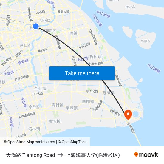 天潼路 Tiantong Road to 上海海事大学(临港校区) map