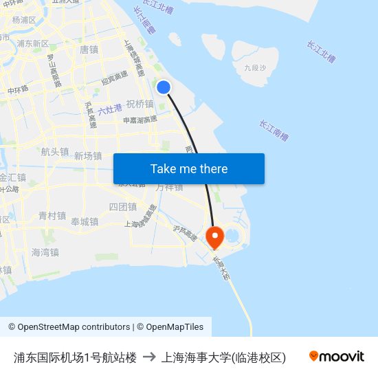 浦东国际机场1号航站楼 to 上海海事大学(临港校区) map