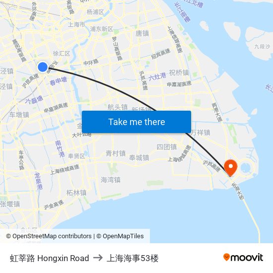 虹莘路 Hongxin Road to 上海海事53楼 map