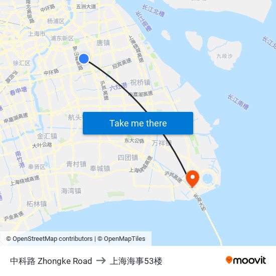 中科路 Zhongke Road to 上海海事53楼 map