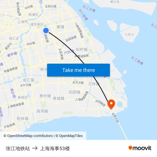 张江地铁站 to 上海海事53楼 map