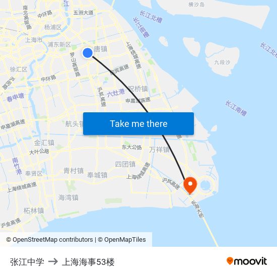 张江中学 to 上海海事53楼 map