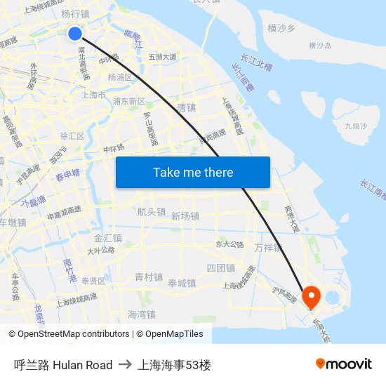 呼兰路 Hulan Road to 上海海事53楼 map