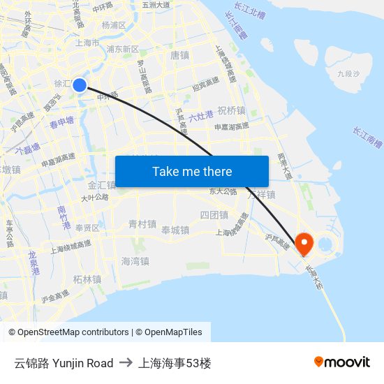云锦路 Yunjin Road to 上海海事53楼 map