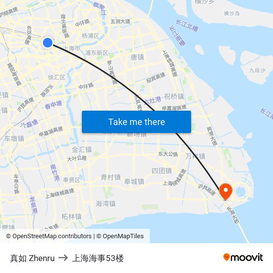 真如 Zhenru to 上海海事53楼 map