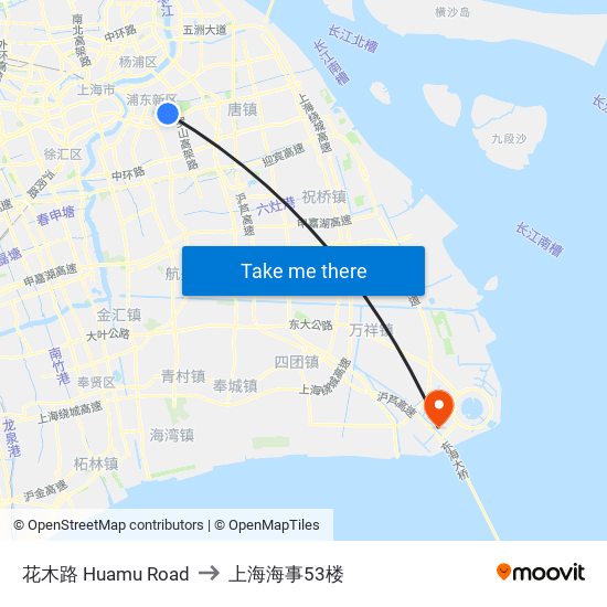 花木路 Huamu Road to 上海海事53楼 map