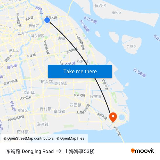 东靖路 Dongjing Road to 上海海事53楼 map