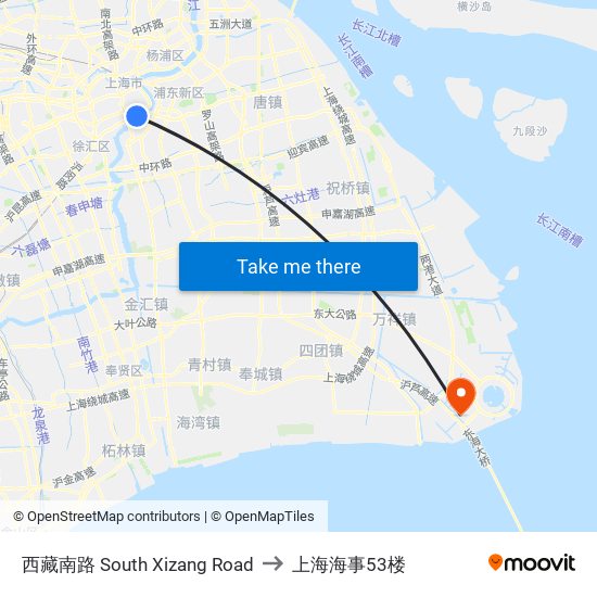 西藏南路 South Xizang Road to 上海海事53楼 map