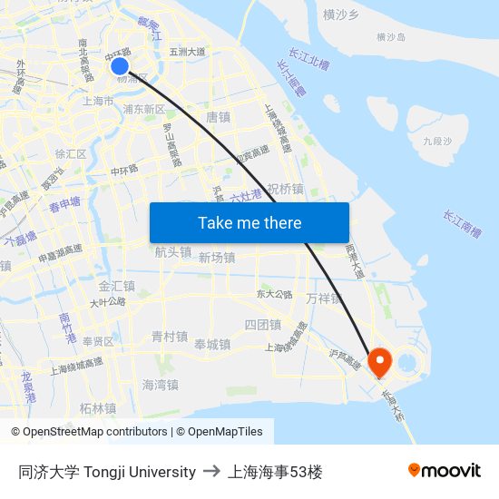 同济大学 Tongji University to 上海海事53楼 map