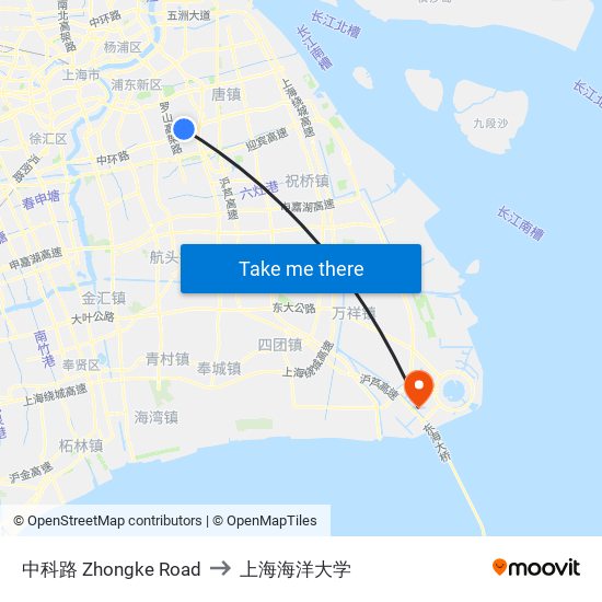 中科路 Zhongke Road to 上海海洋大学 map