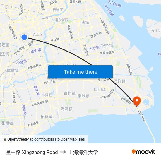 星中路 Xingzhong Road to 上海海洋大学 map