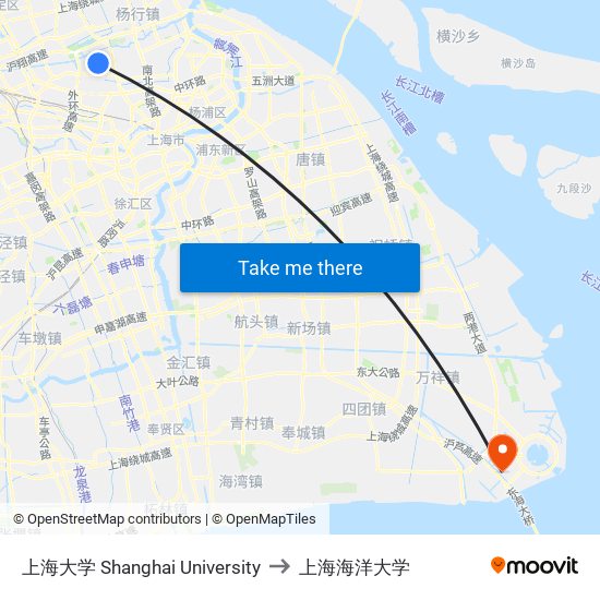 上海大学 Shanghai University to 上海海洋大学 map