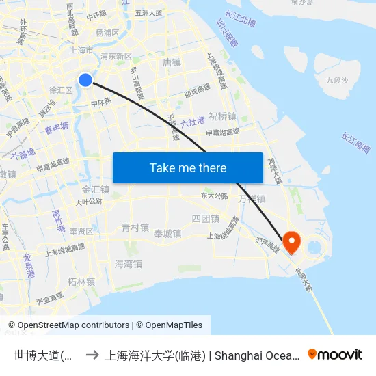 世博大道(西班牙馆) to 上海海洋大学(临港) | Shanghai Ocean University(Lingang) map