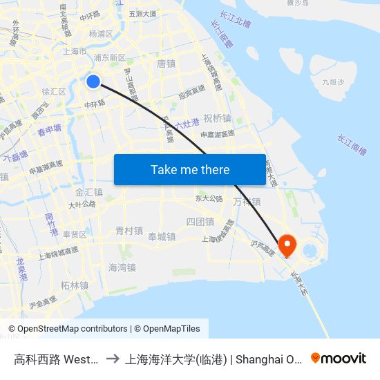 高科西路 West Gaoke Road to 上海海洋大学(临港) | Shanghai Ocean University(Lingang) map