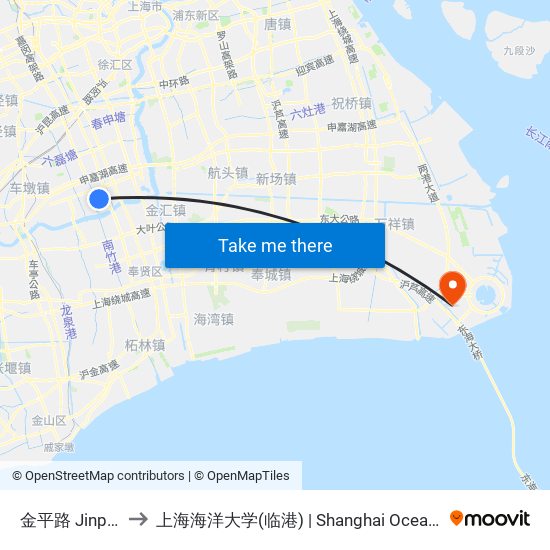 金平路 Jinping Road to 上海海洋大学(临港) | Shanghai Ocean University(Lingang) map