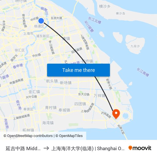 延吉中路 Middle Yanji Road to 上海海洋大学(临港) | Shanghai Ocean University(Lingang) map