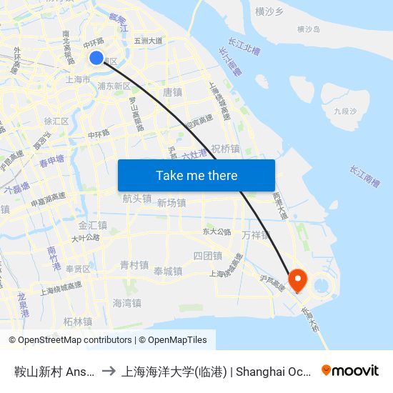 鞍山新村 Anshan Xincun to 上海海洋大学(临港) | Shanghai Ocean University(Lingang) map