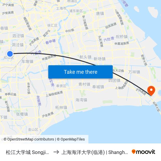 松江大学城 Songjiang University Town to 上海海洋大学(临港) | Shanghai Ocean University(Lingang) map