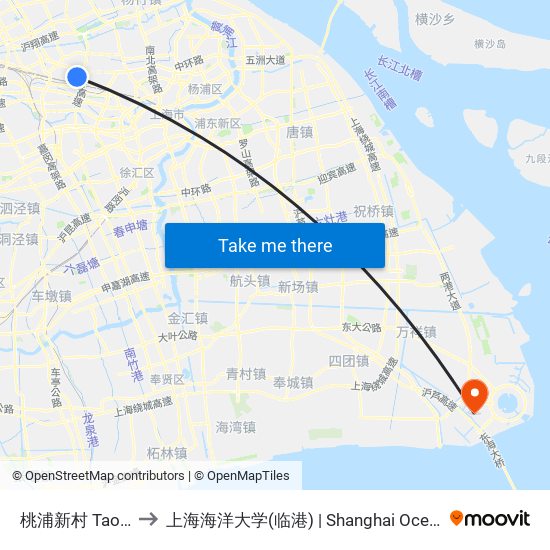 桃浦新村 Taopu Xincun to 上海海洋大学(临港) | Shanghai Ocean University(Lingang) map