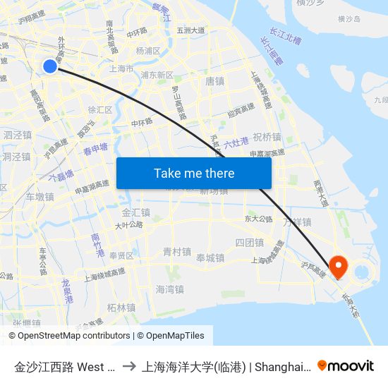 金沙江西路 West Jinshajiang Road to 上海海洋大学(临港) | Shanghai Ocean University(Lingang) map