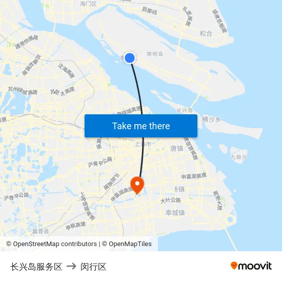 长兴岛服务区 to 闵行区 map