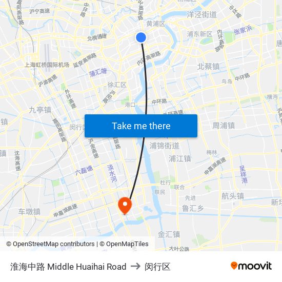 淮海中路 Middle Huaihai Road to 闵行区 map