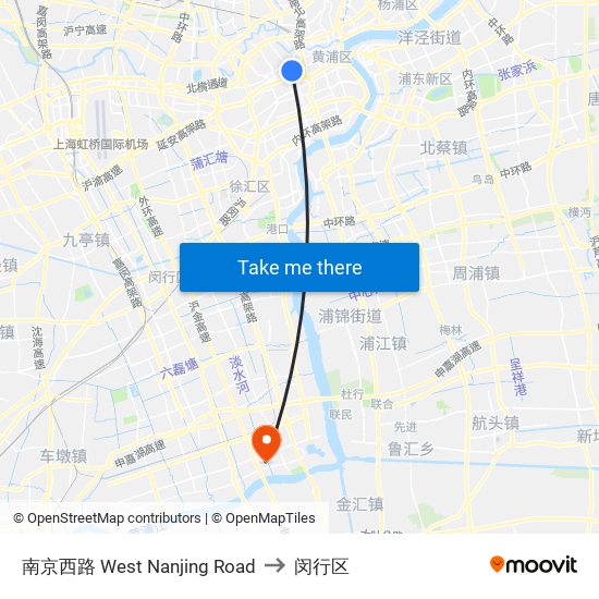 南京西路  West Nanjing Road to 闵行区 map