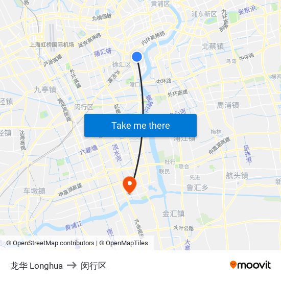 龙华 Longhua to 闵行区 map
