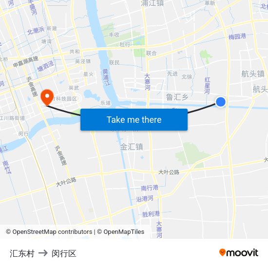 汇东村 to 闵行区 map