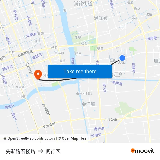 先新路召楼路 to 闵行区 map