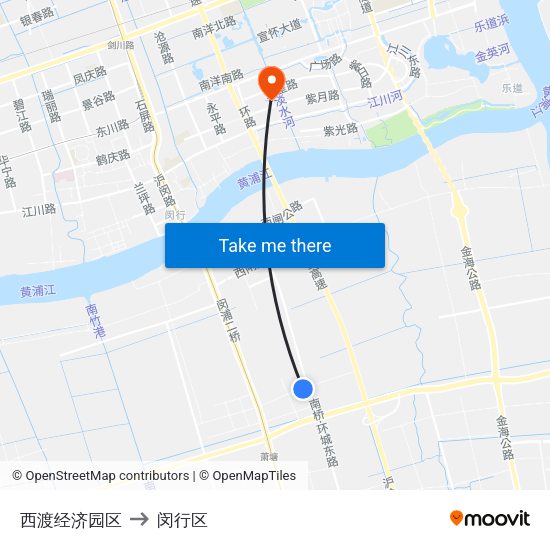 西渡经济园区 to 闵行区 map