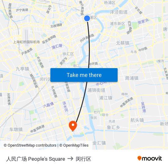 人民广场 People's Square to 闵行区 map