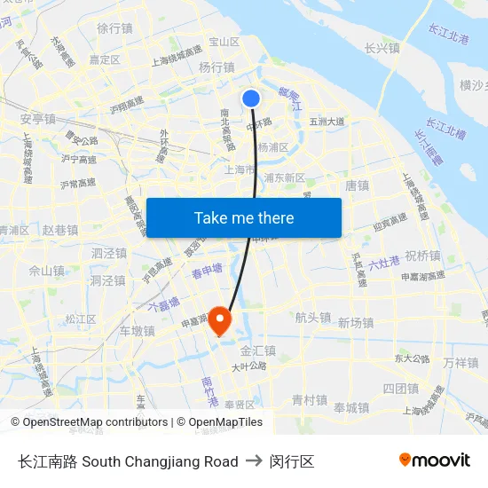 长江南路 South Changjiang Road to 闵行区 map