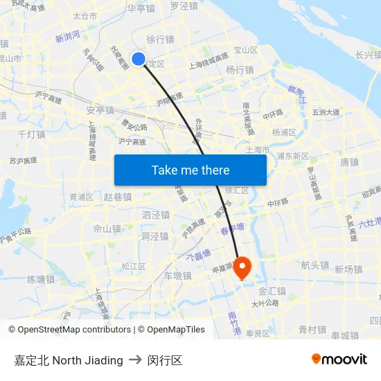嘉定北 North Jiading to 闵行区 map