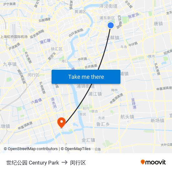 世纪公园 Century Park to 闵行区 map