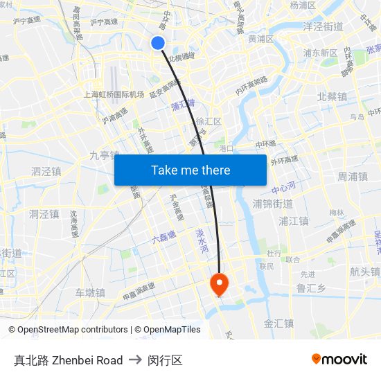 真北路 Zhenbei Road to 闵行区 map