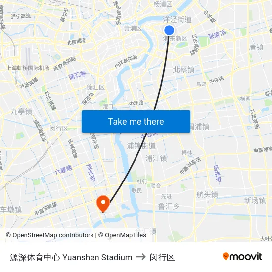 源深体育中心 Yuanshen Stadium to 闵行区 map