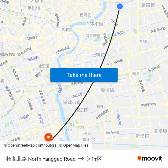 杨高北路 North Yanggao Road to 闵行区 map