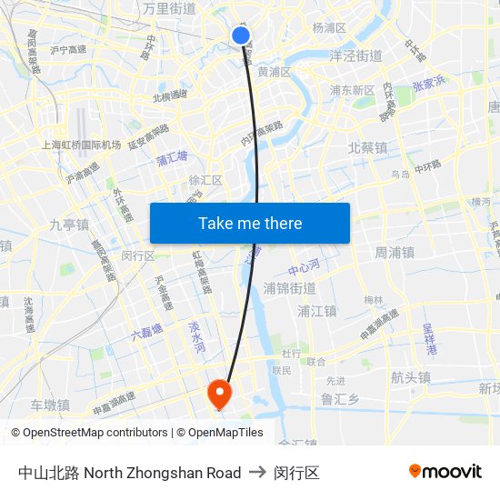 中山北路 North Zhongshan Road to 闵行区 map