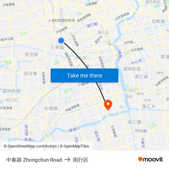 中春路 Zhongchun Road to 闵行区 map