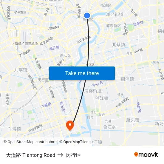 天潼路 Tiantong Road to 闵行区 map
