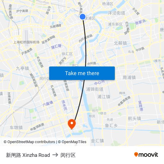 新闸路 Xinzha Road to 闵行区 map